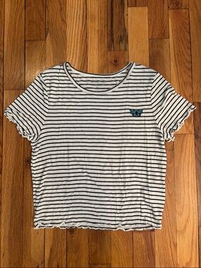 American Eagle Outfitters White and Black Striped Crop Top with Teal Butterfly